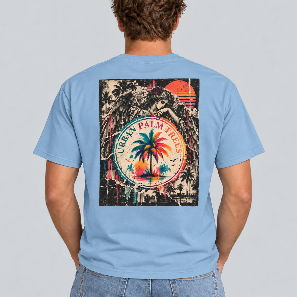 Men's light blue crew-neck T-shirt with Urban Palm retro graphic back print.