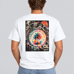 Men's white crew-neck T-shirt with Urban Palm retro graphic back print.