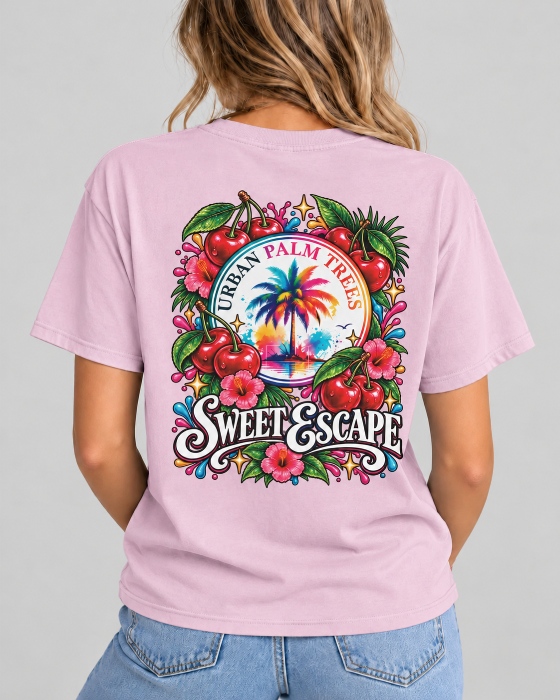 Women's pink t-shirt with large circular back graphic print
