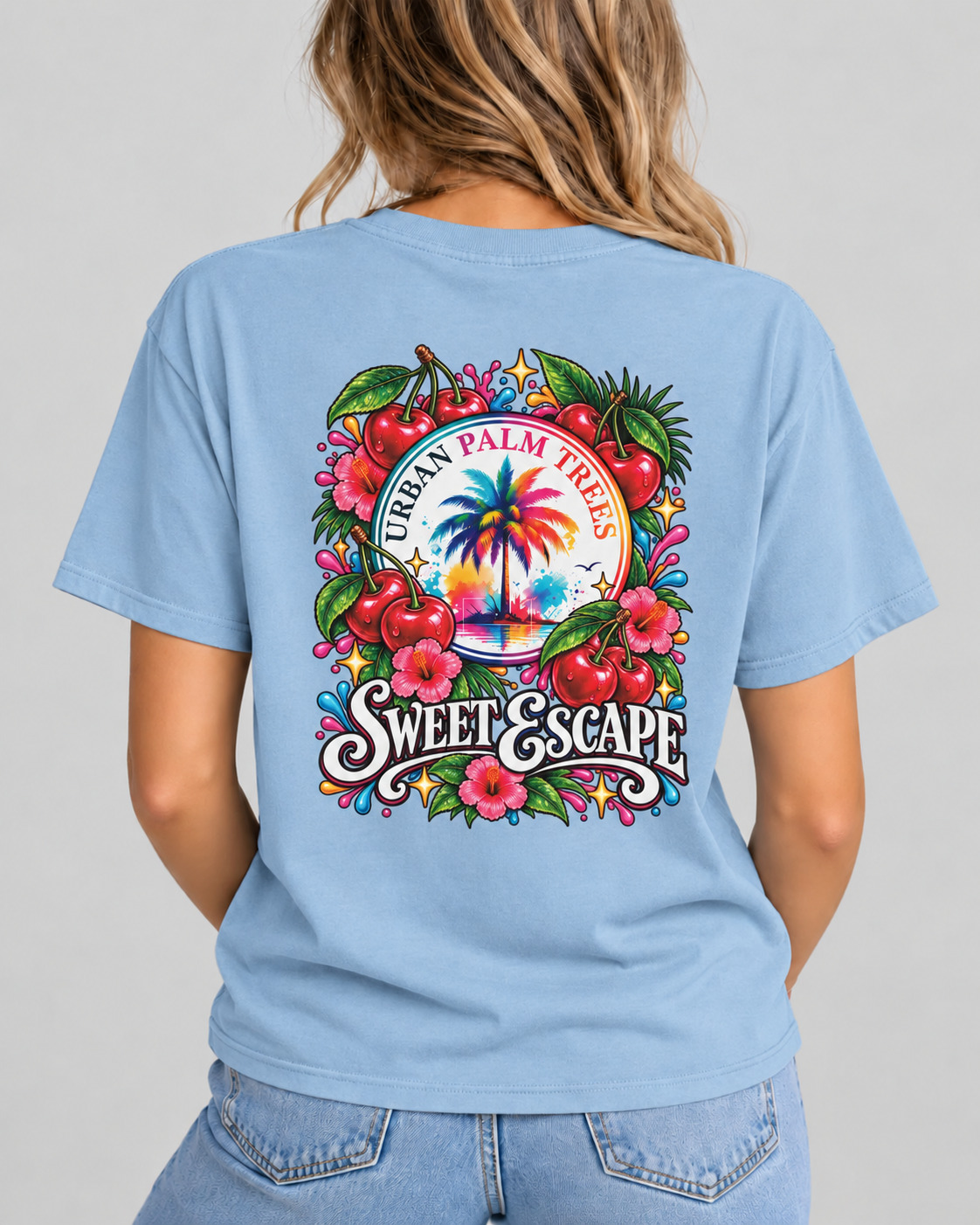 Women's light blue t-shirt with large circular back graphic print