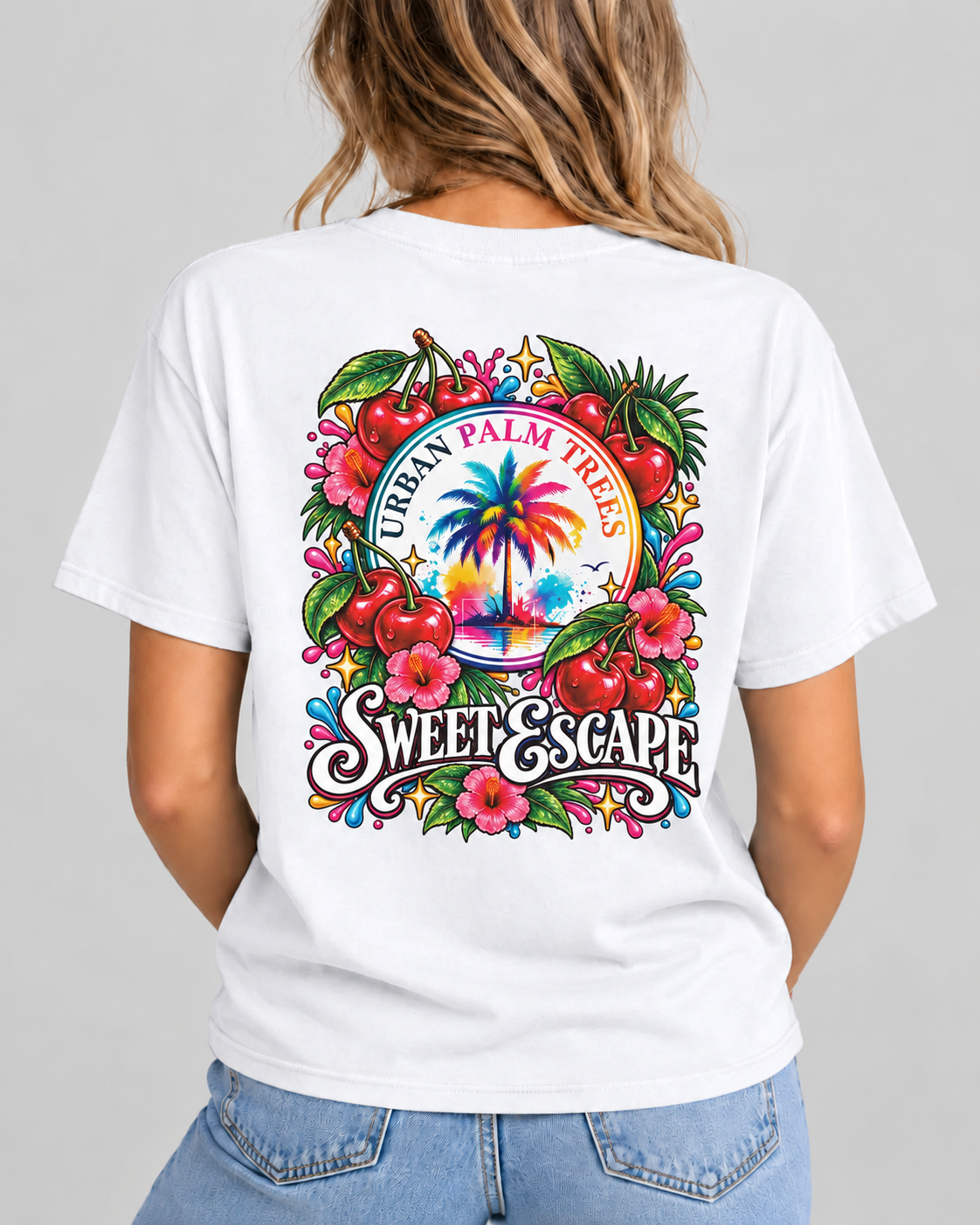 Women's white t-shirt with large circular back graphic print