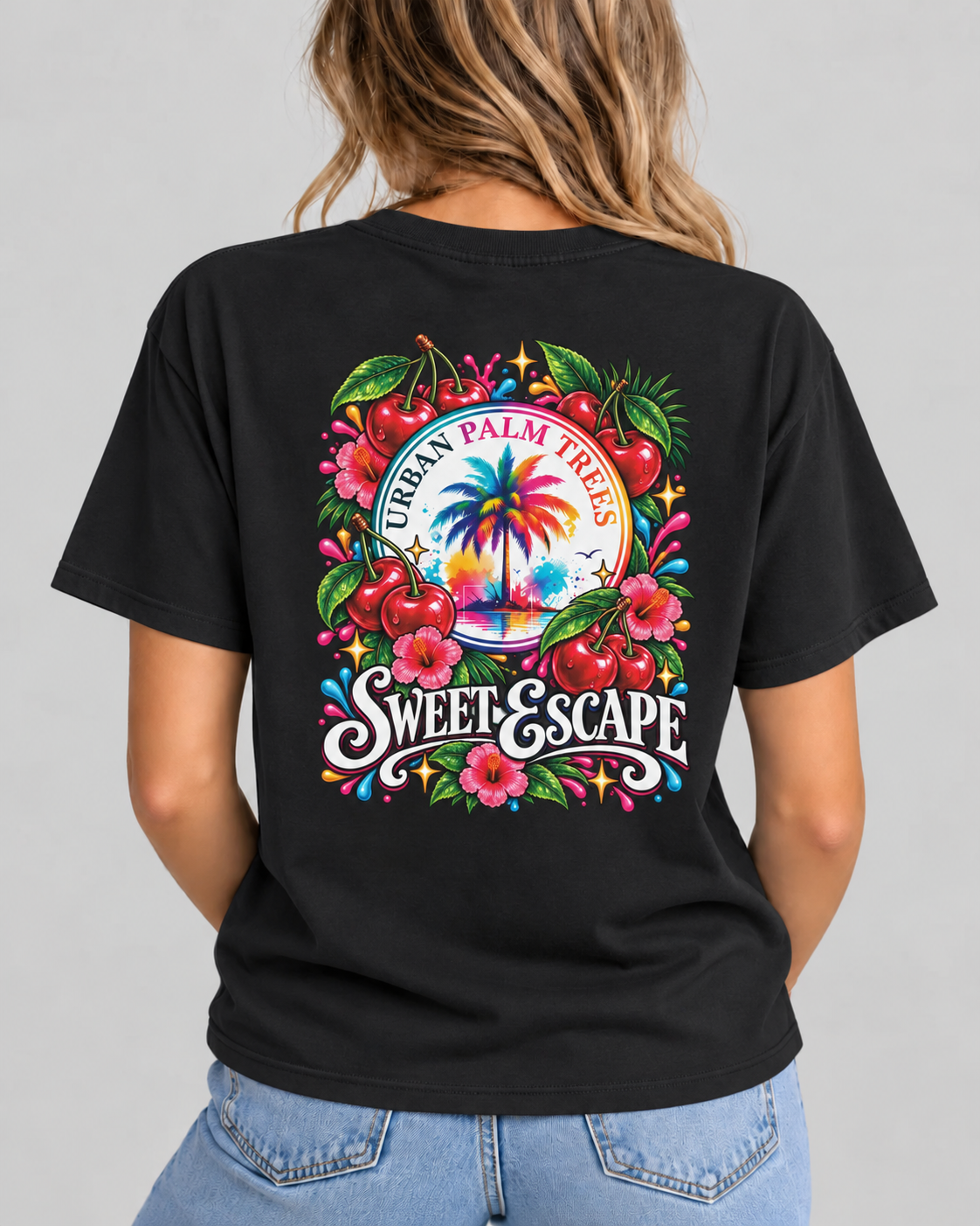 Women's black t-shirt with large circular back graphic print