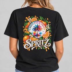 Black women's T-shirt with back “URBAN PALM TREES” and “SPRITZ” graphic print