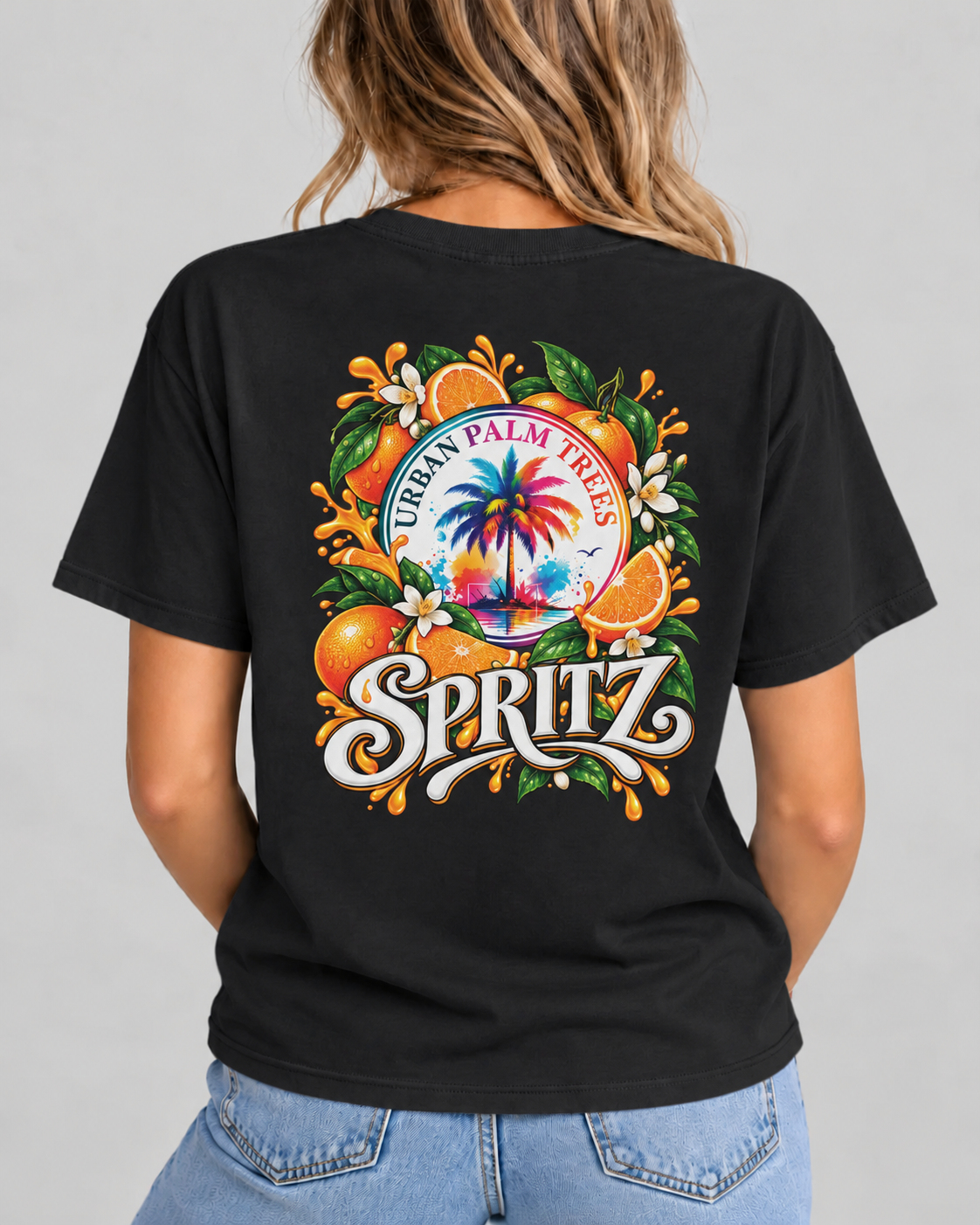 Black women's T-shirt with back “URBAN PALM TREES” and “SPRITZ” graphic print