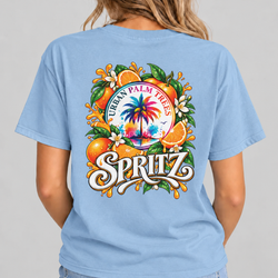 Light blue women's T-shirt with back “URBAN PALM TREES” and “SPRITZ” graphic print