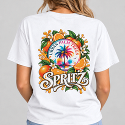 White women's T-shirt with back “URBAN PALM TREES” and “SPRITZ” graphic print