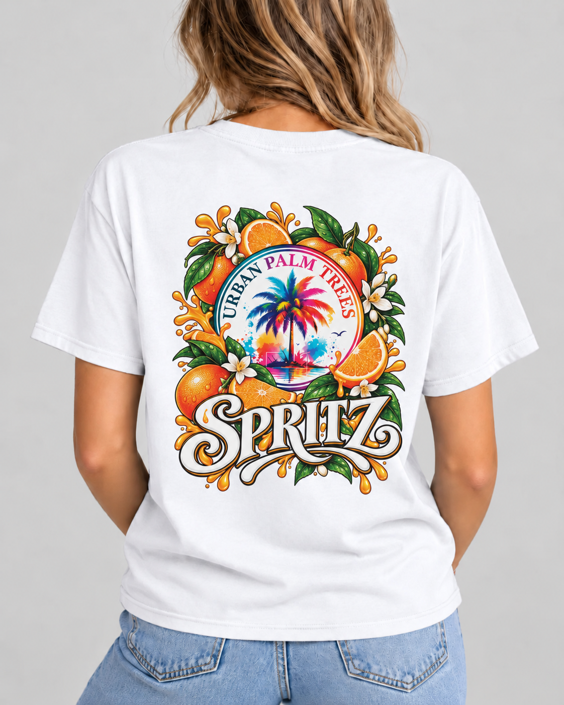 White women's T-shirt with back “URBAN PALM TREES” and “SPRITZ” graphic print