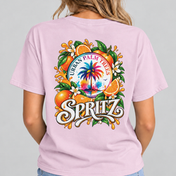 Light pink women's T-shirt with back “URBAN PALM TREES” and “SPRITZ” graphic print