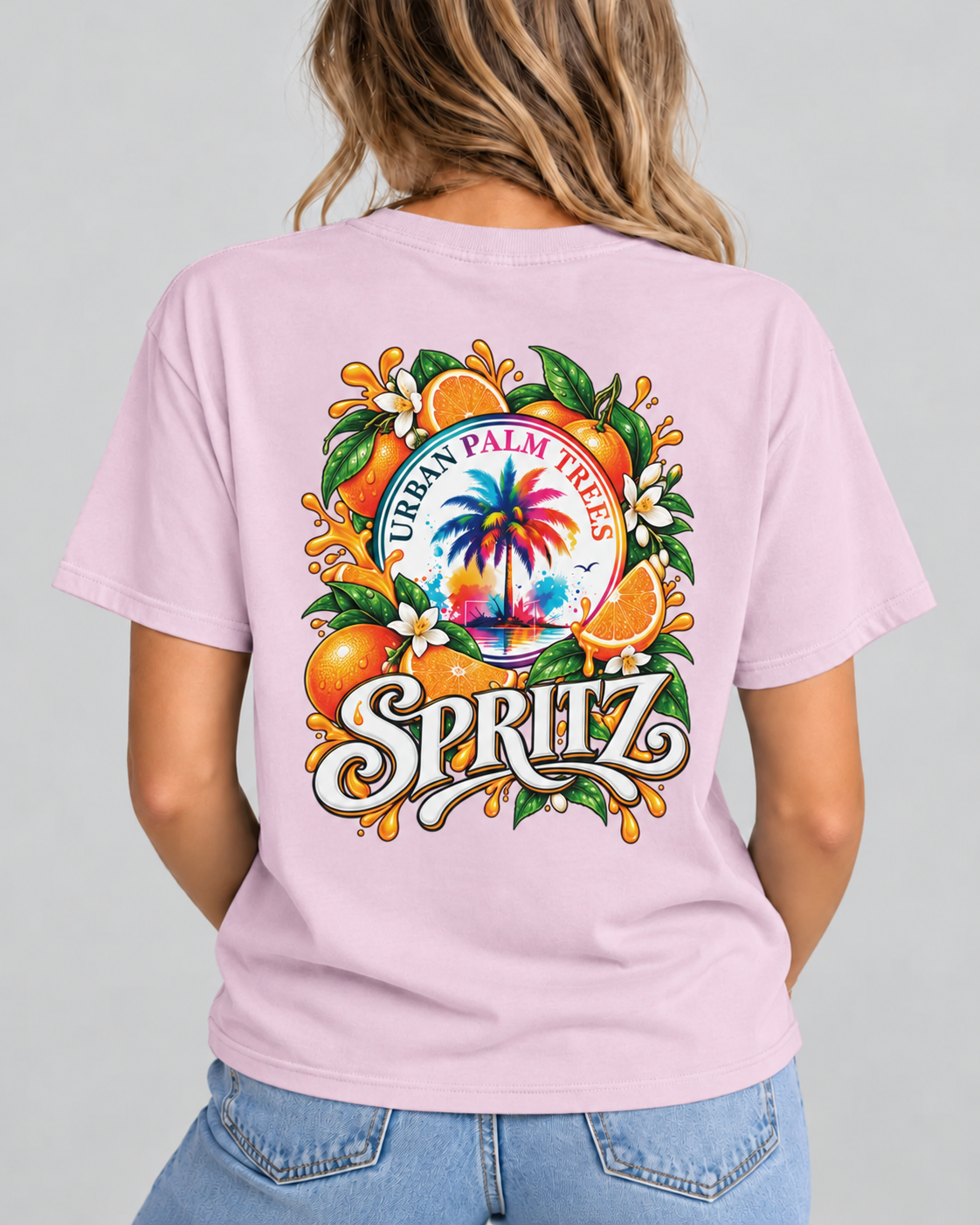Light pink women's T-shirt with back “URBAN PALM TREES” and “SPRITZ” graphic print