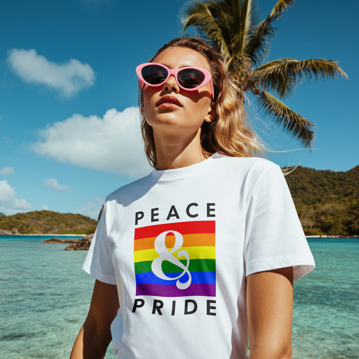 White Pride LGBTQ women's graphic T-shirt with a rainbow Peace & Pride design, soft cotton blend sizes S to XL