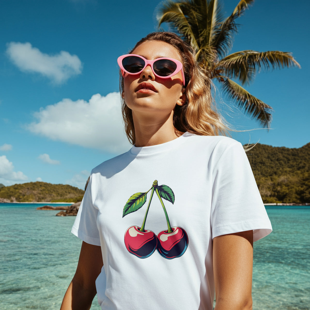 Woman wearing white cherry-graphic T-shirt at a tropical beach with pink sunglasses