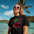 Cherries Women's Graphic T-Shirt in black with Cherry Blaze graphic, cherries and flame, soft cotton blend.