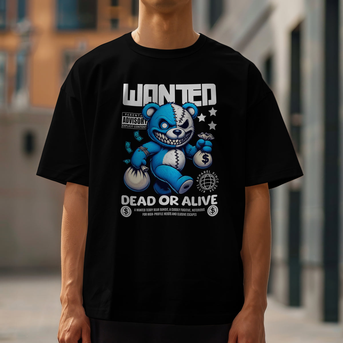 Black Teddy Bear Men's Graphic T-Shirt featuring a blue bear with money bags and the Dead or Alive slogan.