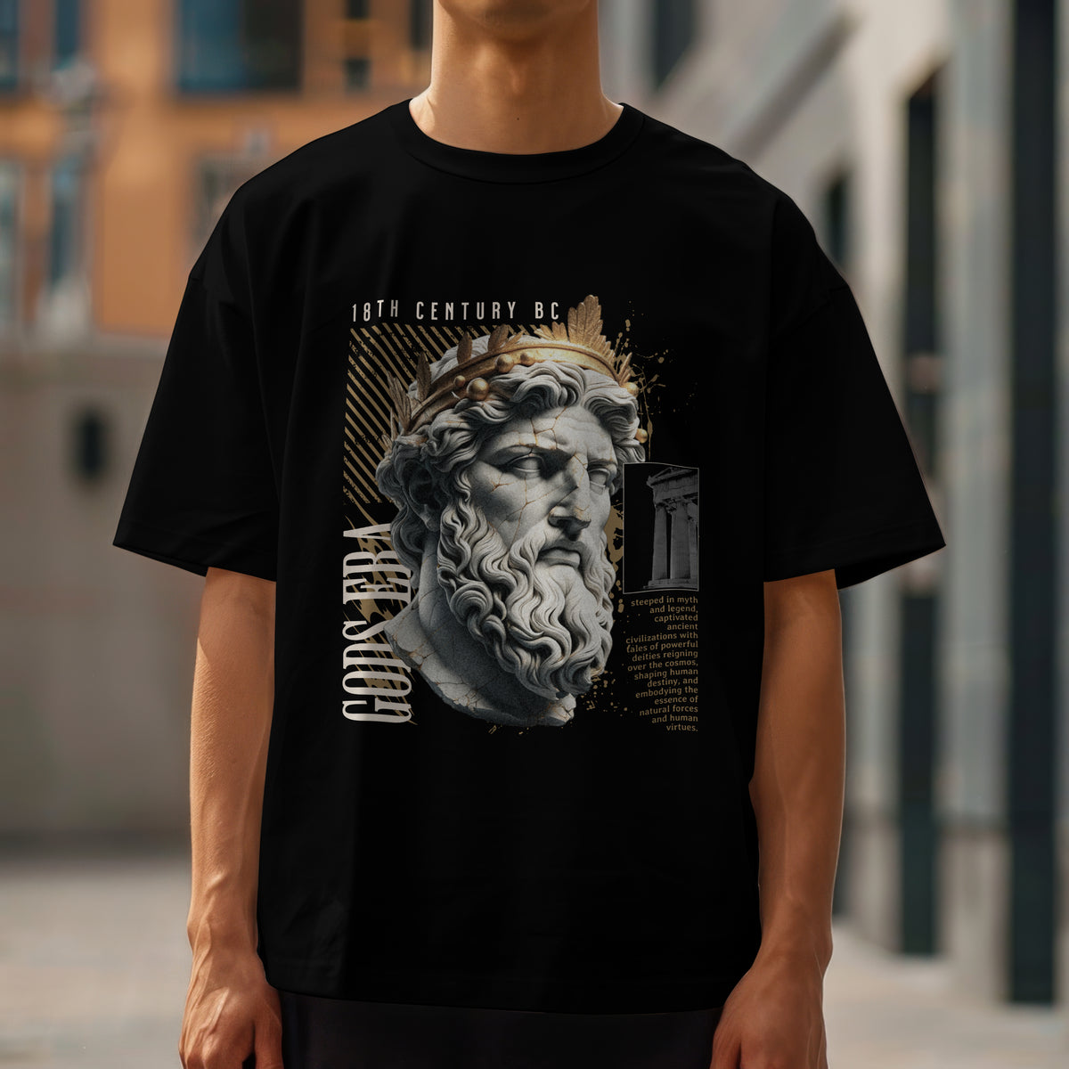 Man wearing black Gothic Gods graphic T-shirt made from soft cotton blend, featuring an ancient bust with gold accents.