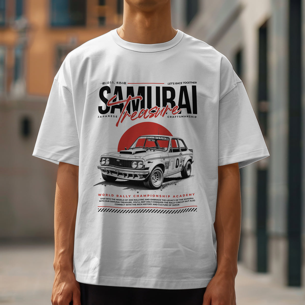 White cotton-blend Japanese JDM men's graphic T-shirt with a vintage rally car illustration and bold typography.