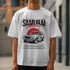 White cotton-blend Japanese JDM men's graphic T-shirt with a vintage rally car illustration and bold typography.