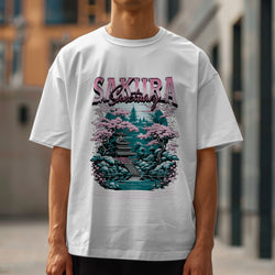 Men's white Japanese Sakura graphic T-shirt with pink cherry blossoms, a pagoda and teal landscape design.