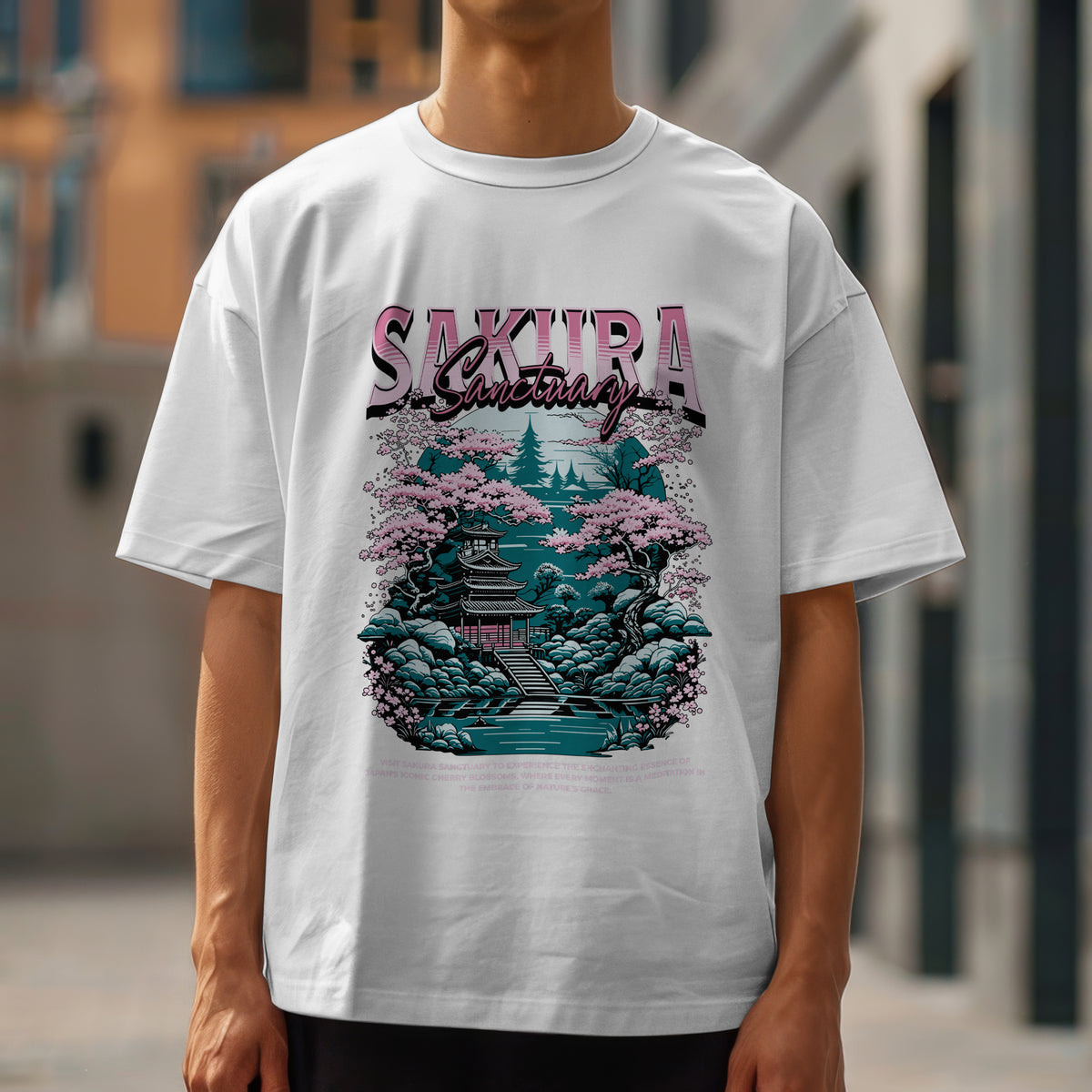 Men's white Japanese Sakura graphic T-shirt with pink cherry blossoms, a pagoda and teal landscape design.