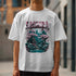 Men's white Japanese Sakura graphic T-shirt with pink cherry blossoms, a pagoda and teal landscape design.