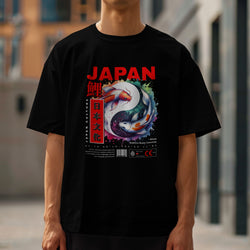 Black men's T-shirt with Japanese koi fish graphic and bold JAPAN lettering.