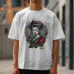 White men's graphic T-shirt featuring Geisha girl with red kimono, floral accents, and a circular decorative backdrop.