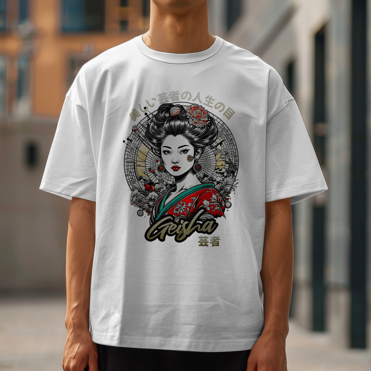 White men's graphic T-shirt featuring Geisha girl with red kimono, floral accents, and a circular decorative backdrop.