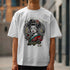 White men's graphic T-shirt featuring Geisha girl with red kimono, floral accents, and a circular decorative backdrop.