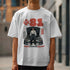 JDM men's white graphic tee with car hood up artwork and a person standing in front, cotton blend, sizes S-XL.