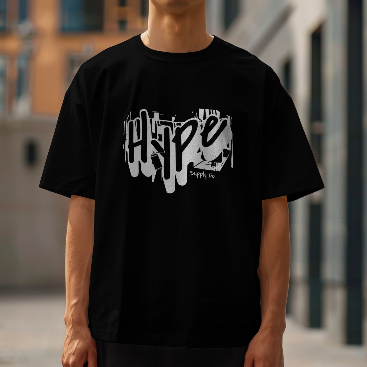 Hype men's graphic T-shirt in black with gray graffiti logo on chest; soft cotton blend, crew neck.