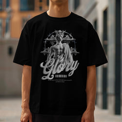 Black Gothic Glory men's graphic T-shirt featuring a sculpted statue, ornate halo, and bold 'Glory' script.