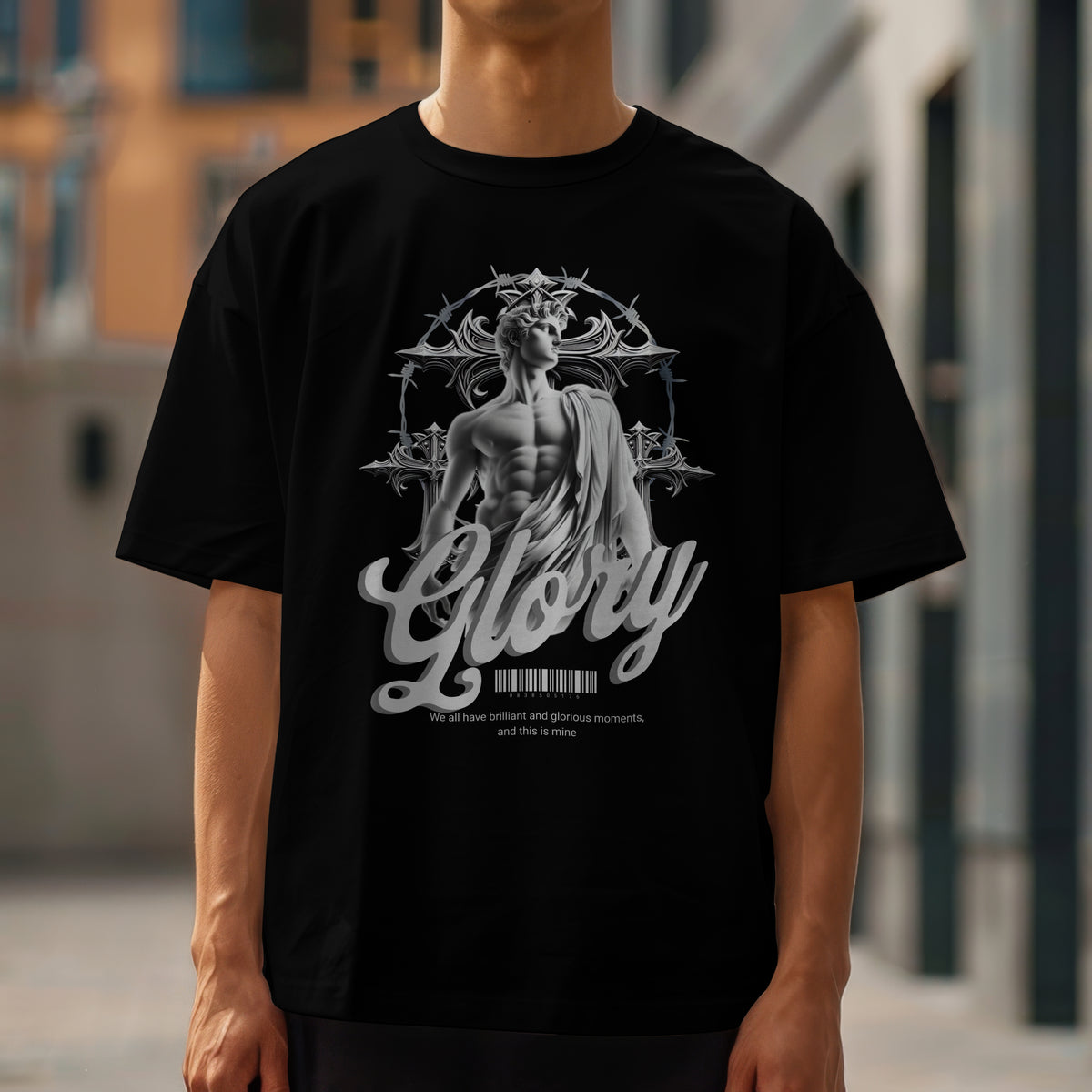 Black Gothic Glory men's graphic T-shirt featuring a sculpted statue, ornate halo, and bold 'Glory' script.