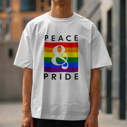White Pride LGBTQ men's graphic T-shirt with rainbow flag and Peace & Pride text