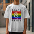 White Pride LGBTQ men's graphic T-shirt with rainbow flag and Peace & Pride text