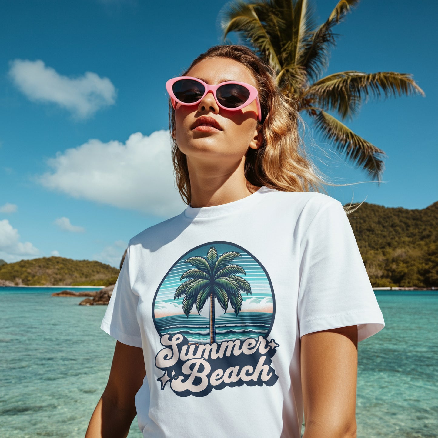 Women's Tropical Beach Graphic T-Shirt - Soft Cotton Blend Tee in White, Blue, Beige, Pink | Sizes S-5XL