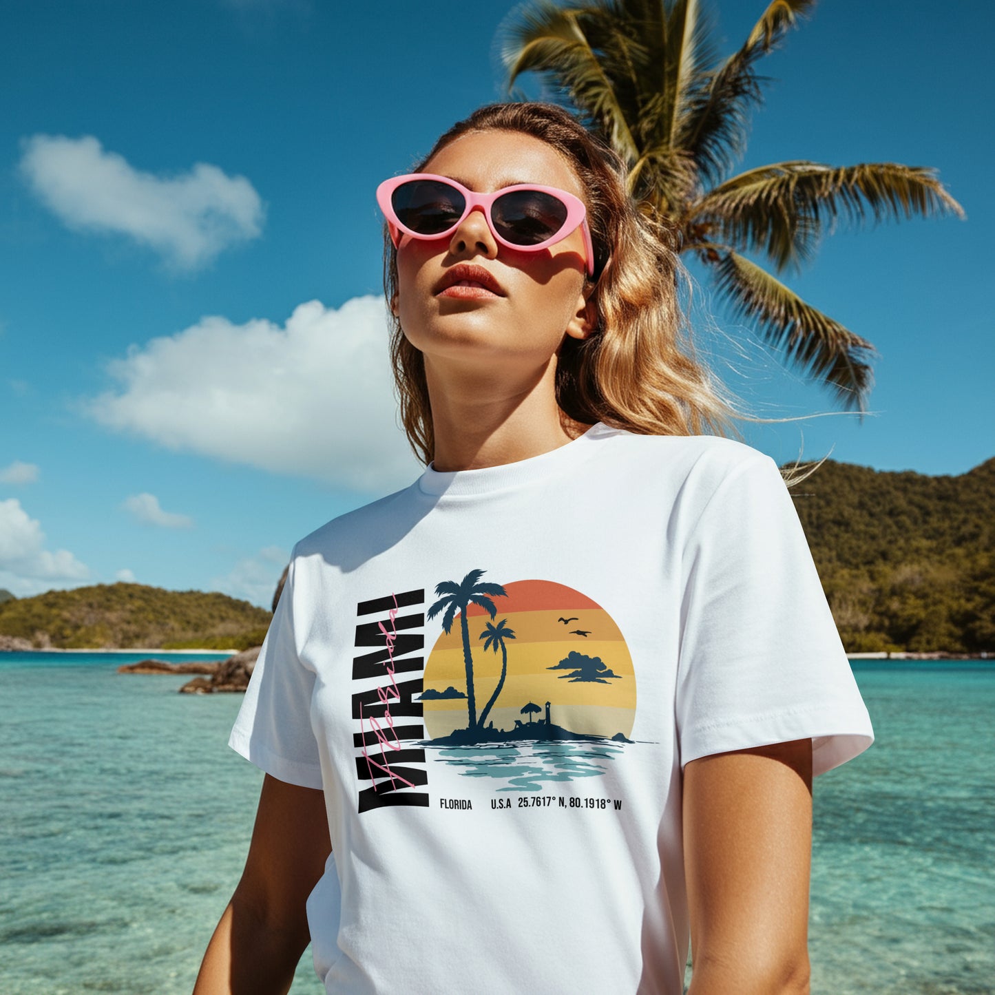 Women's Miami Graphic T-Shirt - Soft Cotton Blend Tee in White, Blue, Grey, Pink, Beige | Sizes S-5XL