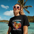Black California Beach Paradise graphic tee, soft cotton blend, crew neck short sleeve, palm sunset design, S-XL