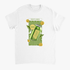 White women's graphic T-shirt with bright green lemon can and lemon slices on a green backdrop