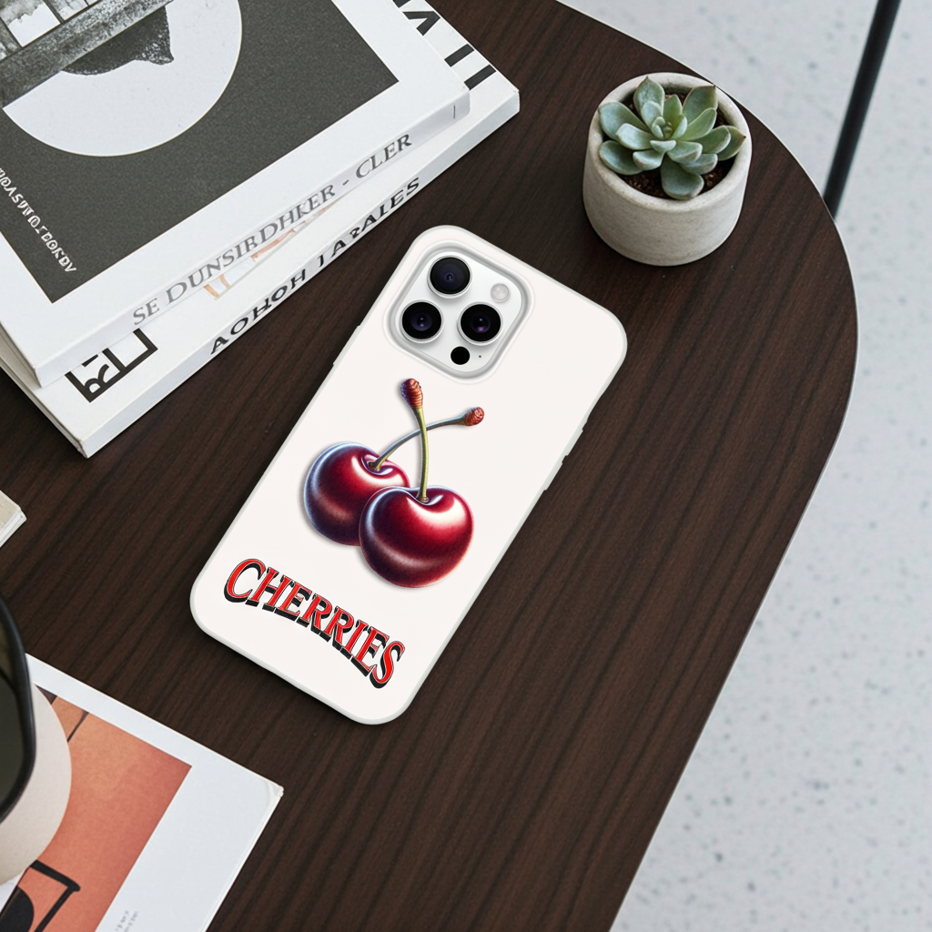 Phone case with cherry design on a wooden surface