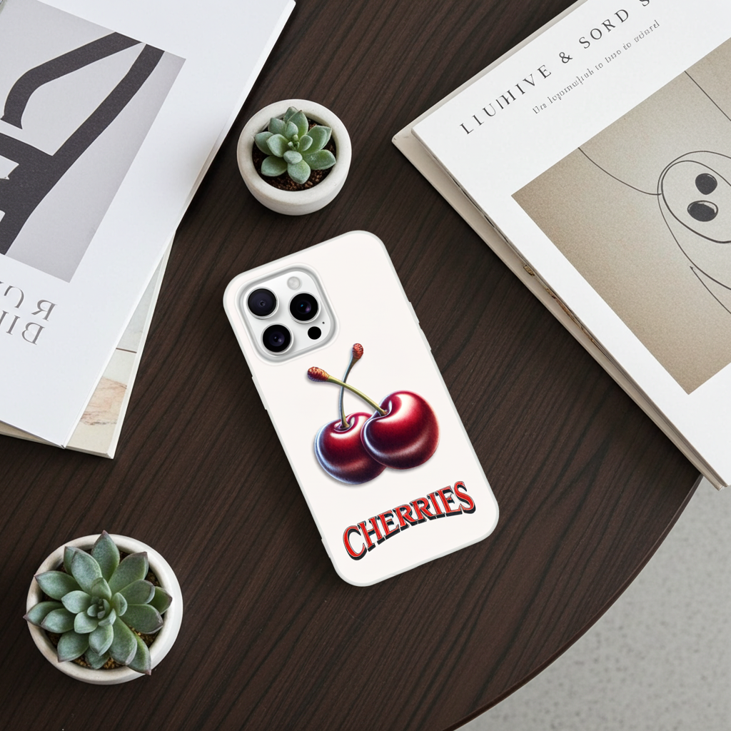 Phone case with cherry design on a wooden surface with books and plants