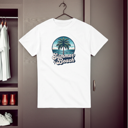 White t-shirt with 'Summer Beach' design on a hanger against a wooden wardrobe background.
