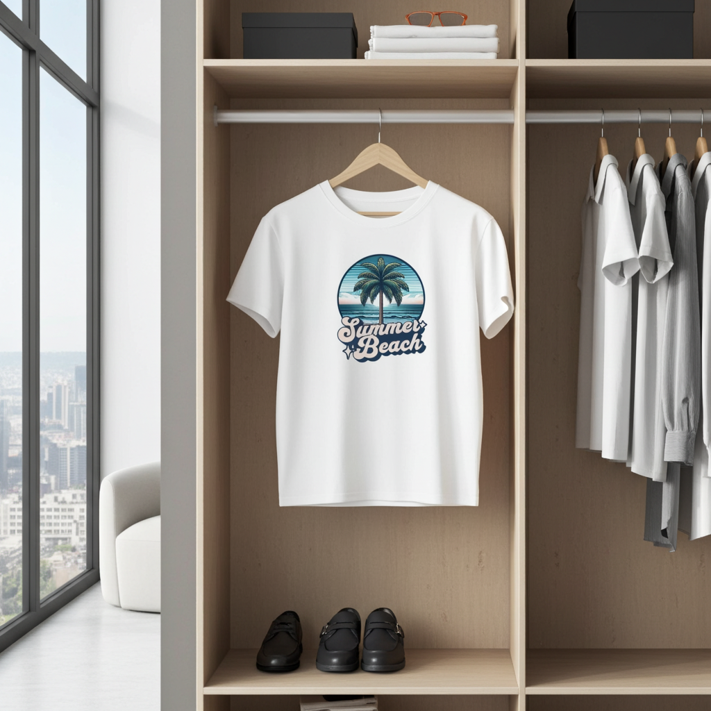 White t-shirt with 'Summer Beach' design hanging in a wardrobe with shoes below.