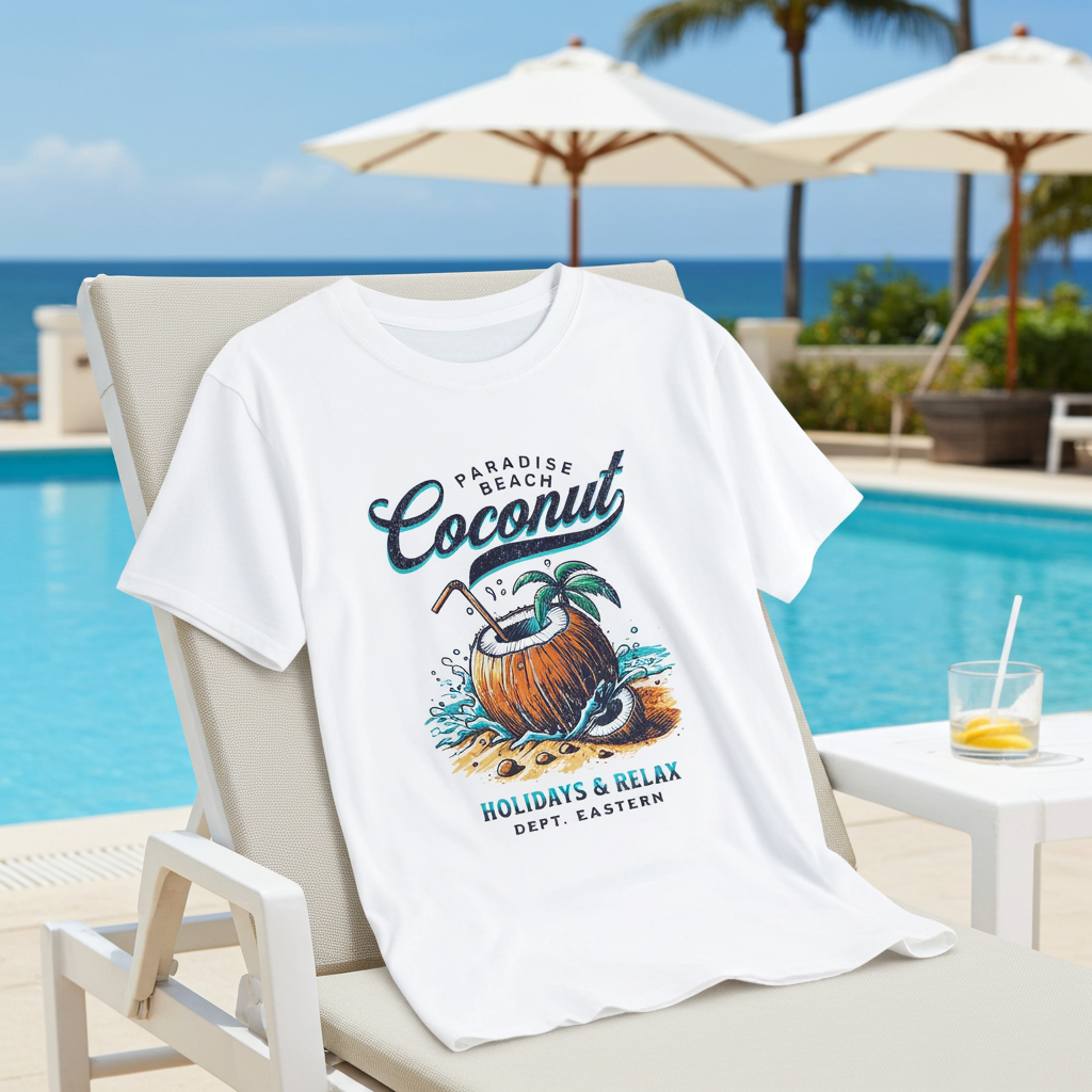 White t-shirt with coconut graphic design on a lounge chair by a poolside.