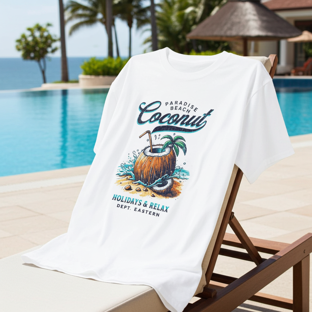 White t-shirt with a coconut graphic and text on a lounge chair by a poolside.
