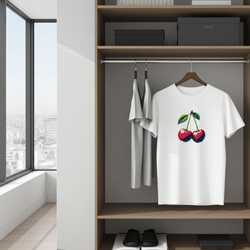 White t-shirt with cherry design hanging in a wardrobe next to gray t-shirts.
