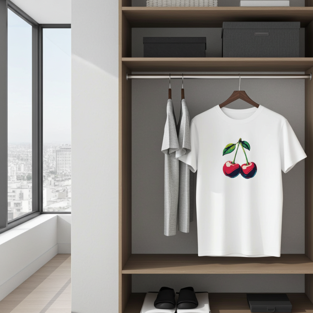 White t-shirt with cherry design hanging in a wardrobe next to gray t-shirts.