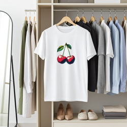 White t-shirt with cherry design hanging in a wardrobe with other clothes.
