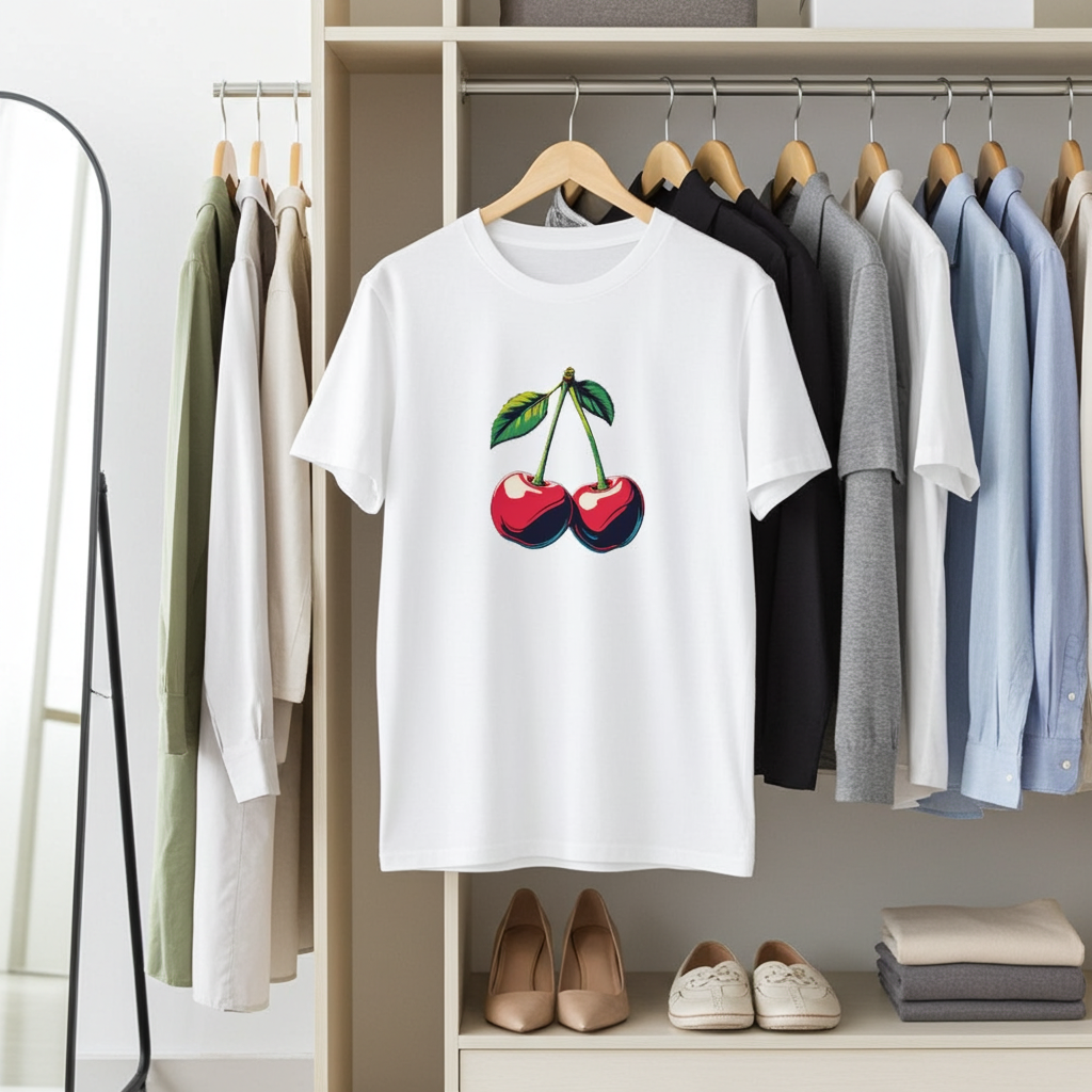 White t-shirt with cherry design hanging in a wardrobe with other clothes.
