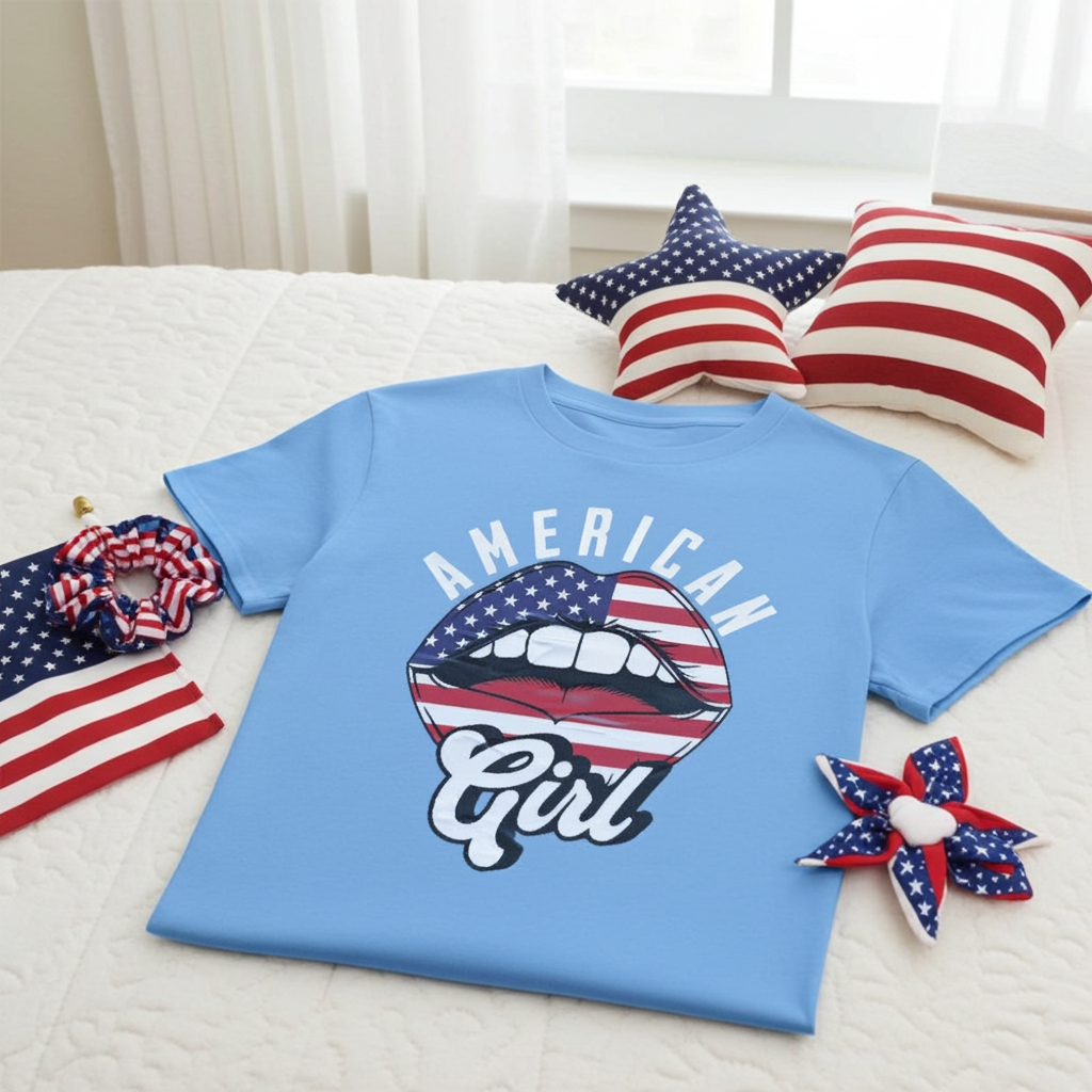 Blue t-shirt with 'American Girl' design on a bed with decorative items.