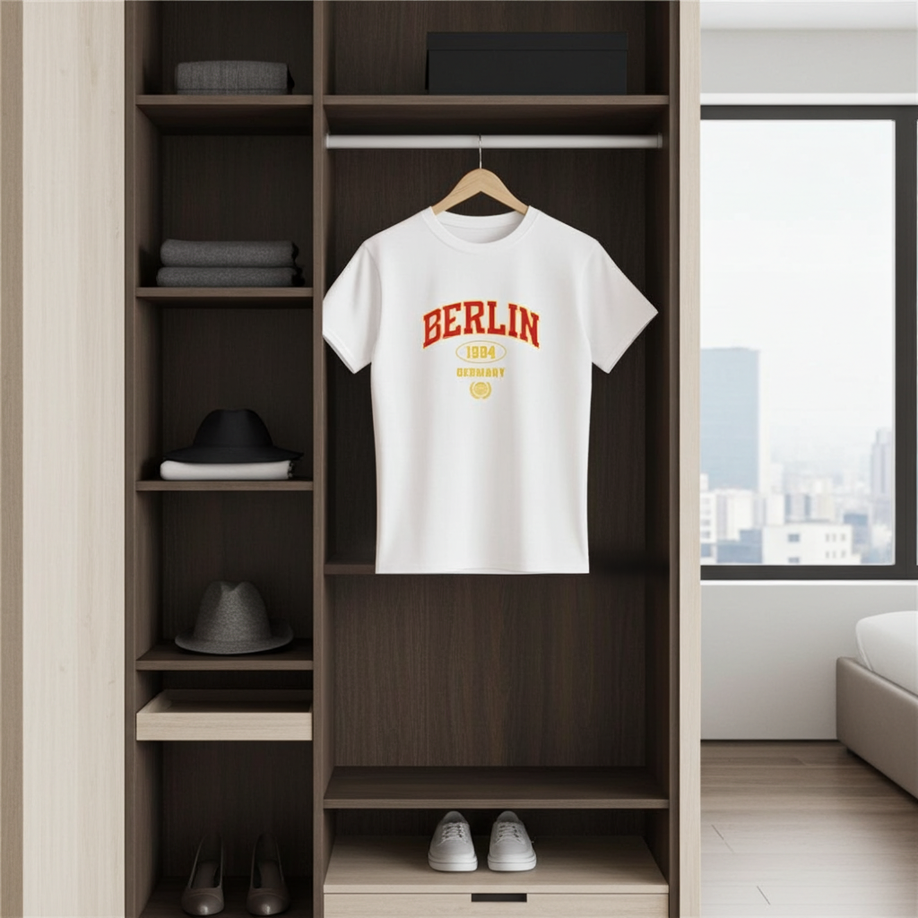 White t-shirt with 'BERLIN' print on a hanger in a wardrobe.