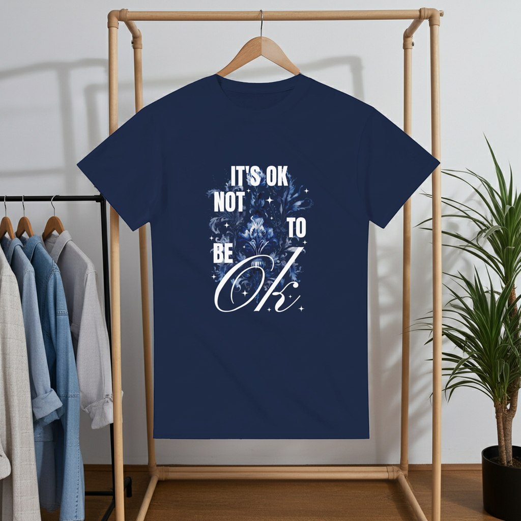 Navy blue t-shirt with motivational quote on a wooden rack with clothes and a plant in the background